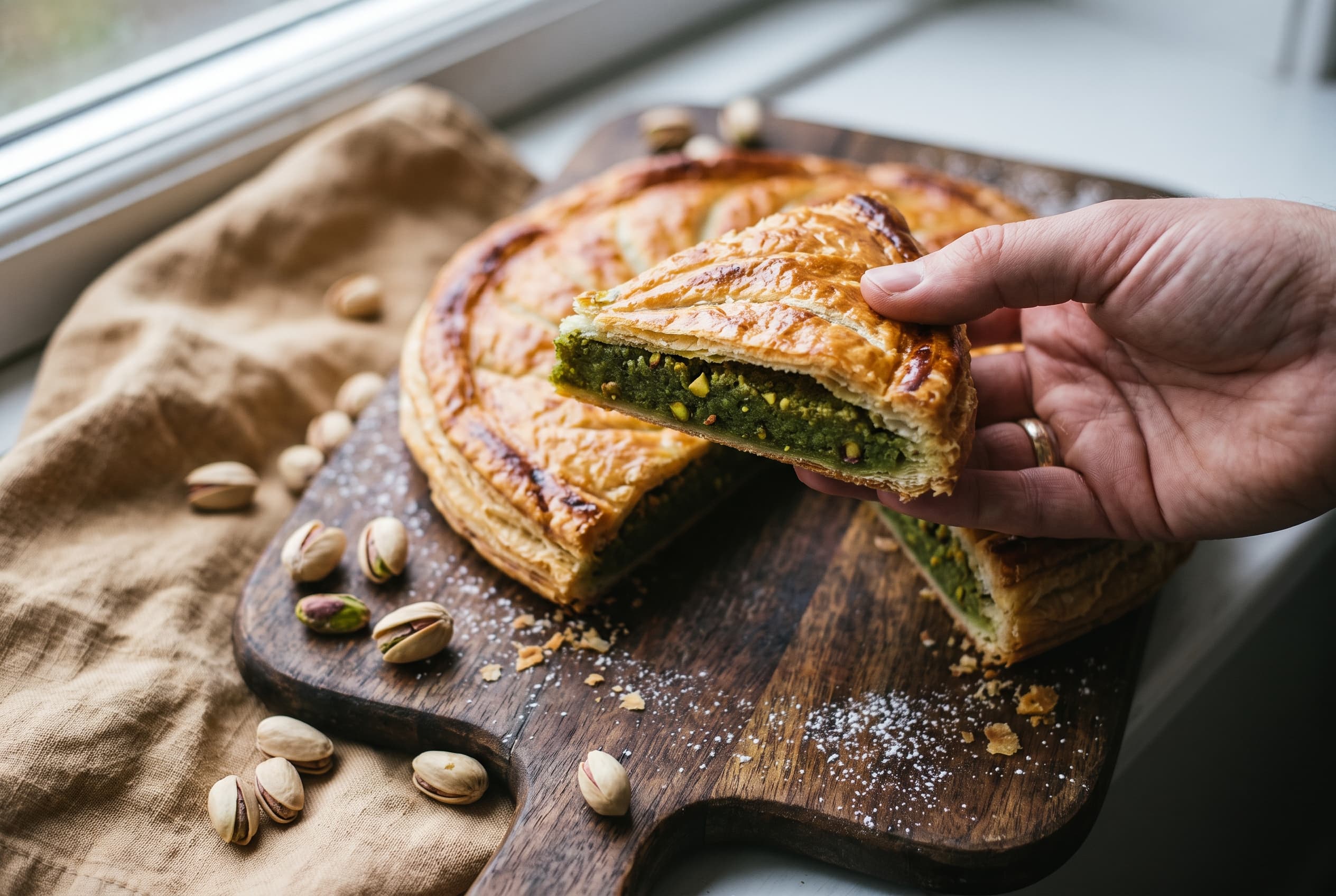 Part de galette des rois pistache soulevée à la main, cœur vert de la frangipane bien visible, lumière naturelle de fenêtre