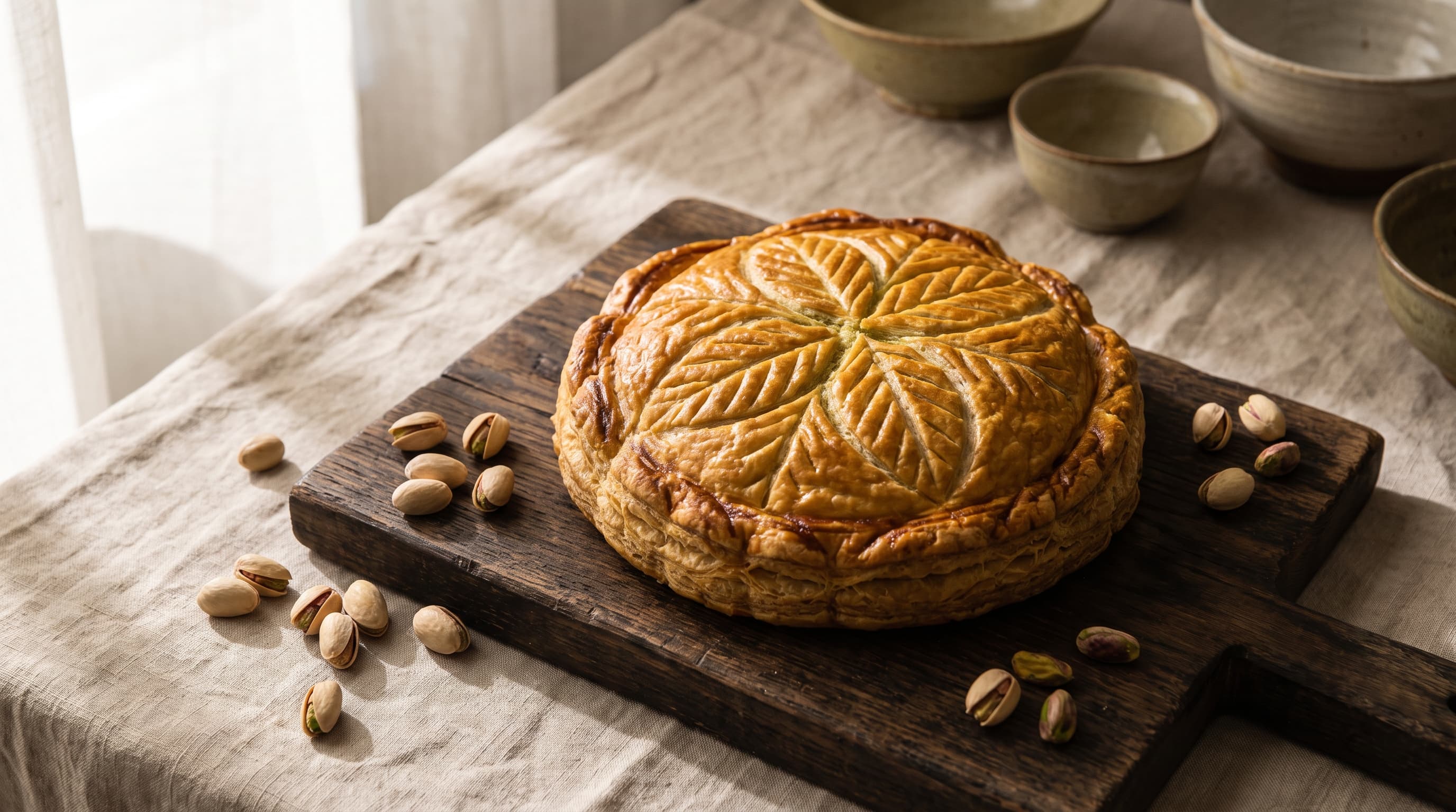 Galette des rois à la frangipane pistache dorée sur planche de bois, pistaches éparpillées, lumière naturelle